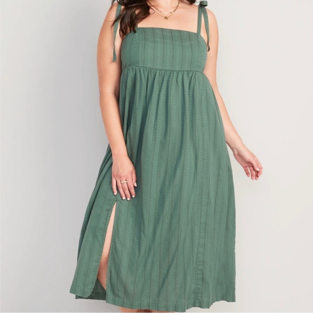 Old Navy Tie Shoulder Midi Dress XL Babydoll Sage Green Textured NWT